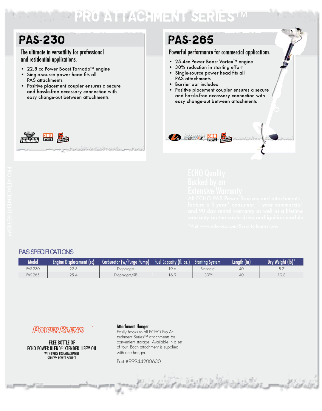 Echo HV-110XG manual PAS-230, PAS-265, Powerful performance for commercial applications, Attachment Hanger, 99944200630 