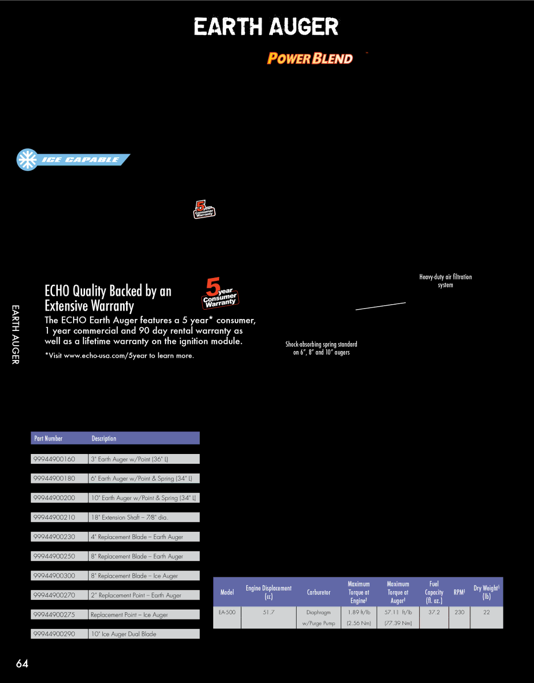 Echo HV-110XG manual EA-500, Earth Auger Accessories, Earth Auger Specifications 