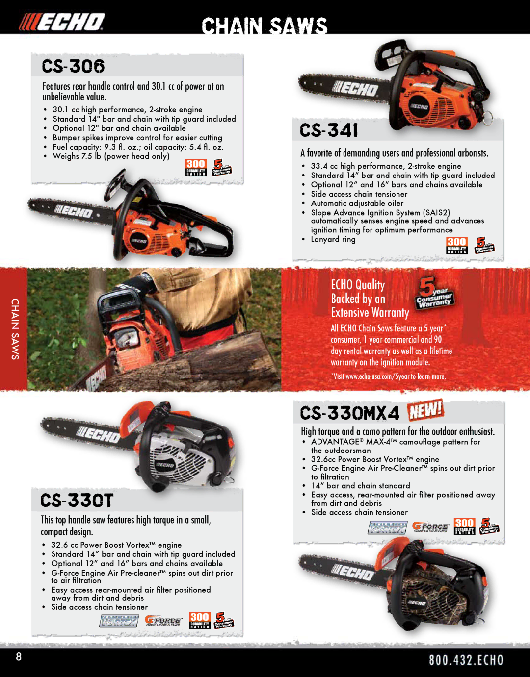 Echo HV-110XG manual Chain Saws, CS-306, CS-330T, CS-341, CS-330MX4 