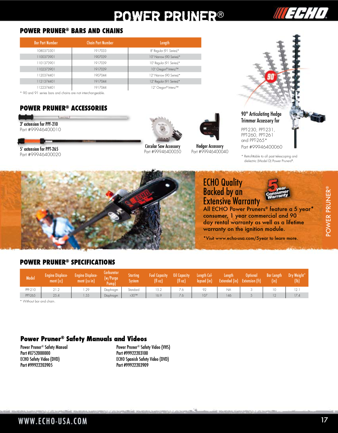 Echo HV-110XG manual ECHO Quality Backed by an Extensive Warranty, Power Pruner Bars And Chains, Power Pruner Accessories 