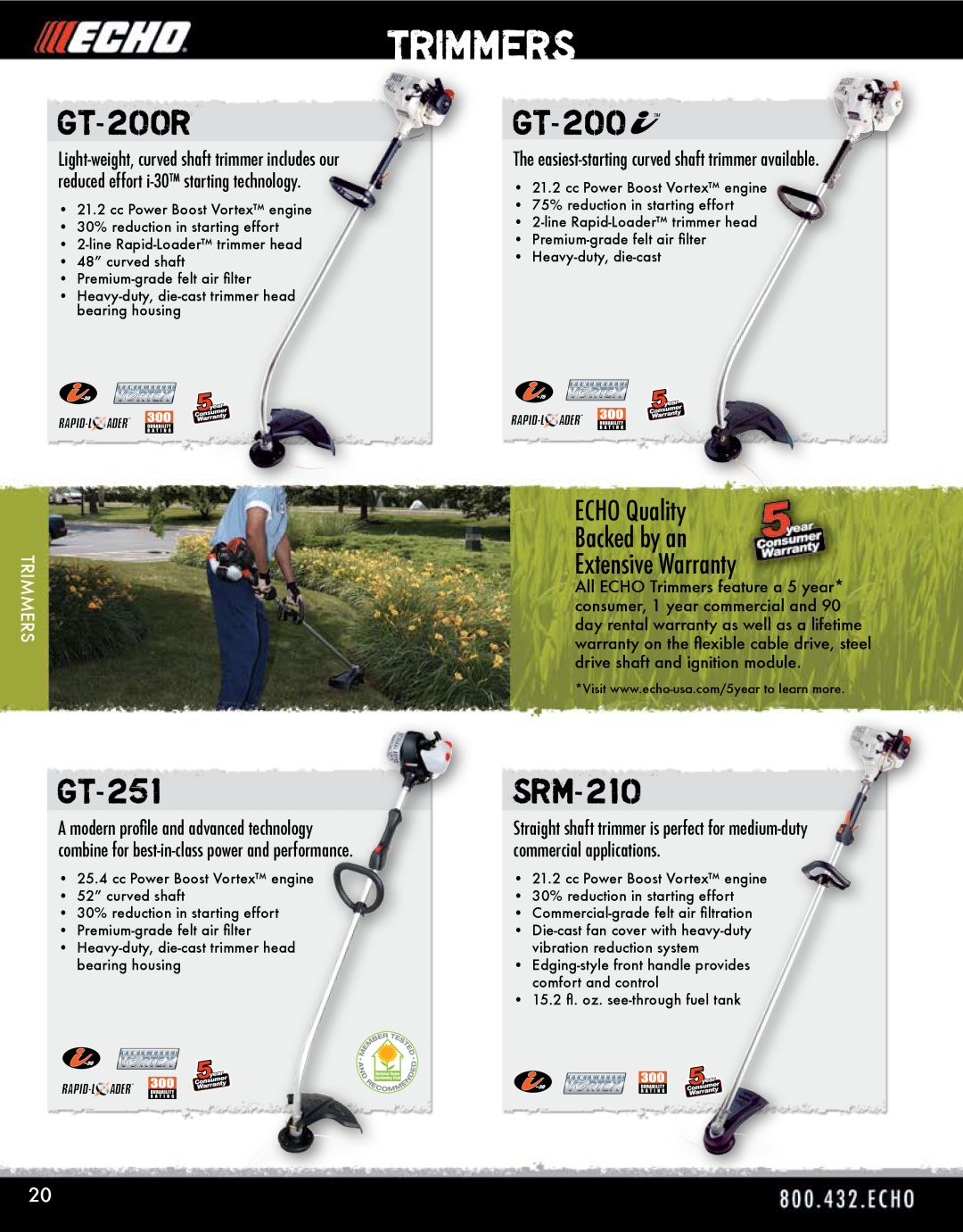 Echo HV-110XG manual Trimmers, GT-200R, GT-251, SRM-210, The easiest-starting curved shaft trimmer available 