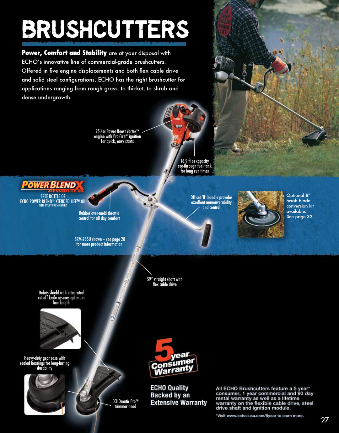 Echo HV-110XG manual Brushcutters, 59” straight shaft with flex cable drive, ECHOmatic Pro trimmer head 