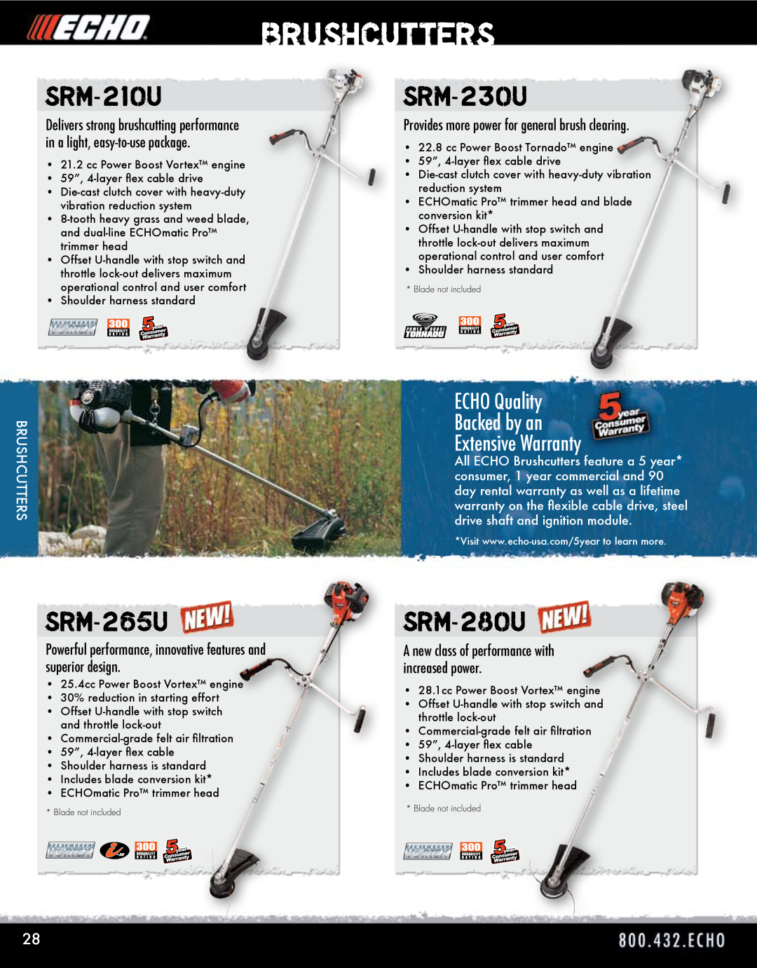 Echo HV-110XG manual Brushcutters, SRM-210U, SRM-230U, SRM-265U, SRM-280U, Provides more power for general brush clearing 
