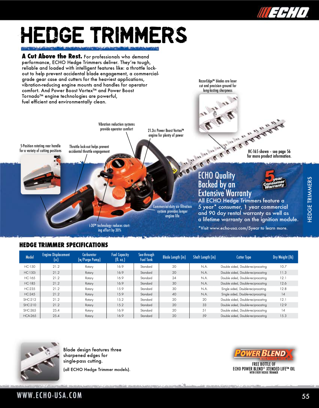 Echo HV-110XG manual Hedge Trimmer Specifications, Hedge Trimmers, ECHO Quality Backed by an Extensive Warranty, Model 