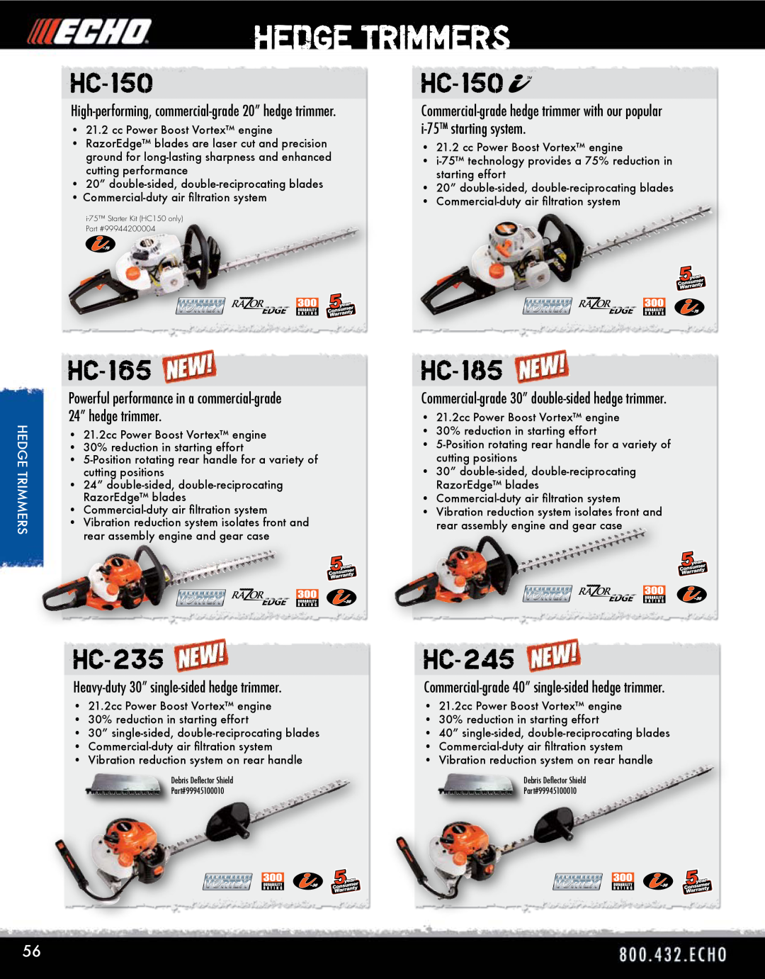 Echo HV-110XG manual Hedge Trimmers, HC-150, HC-165, HC-235, HC-185, HC-245, Heavy-duty 30” single-sided hedge trimmer 