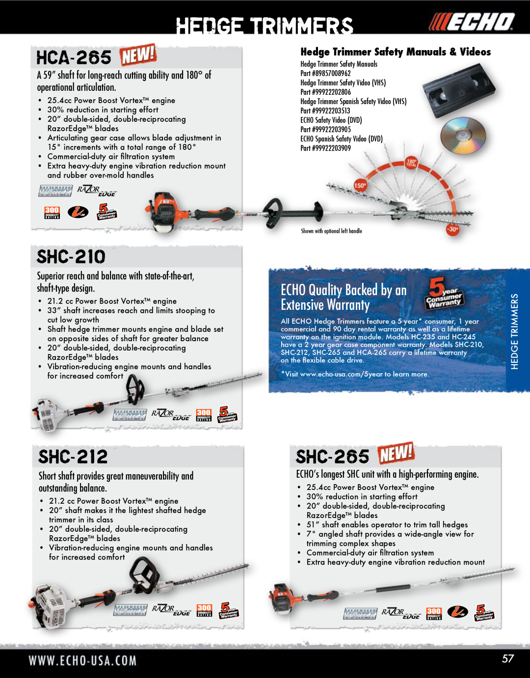 Echo HV-110XG manual HCA-265, SHC-210, SHC-265, Superior reach and balance with state-of-the-art, shaft-type design 