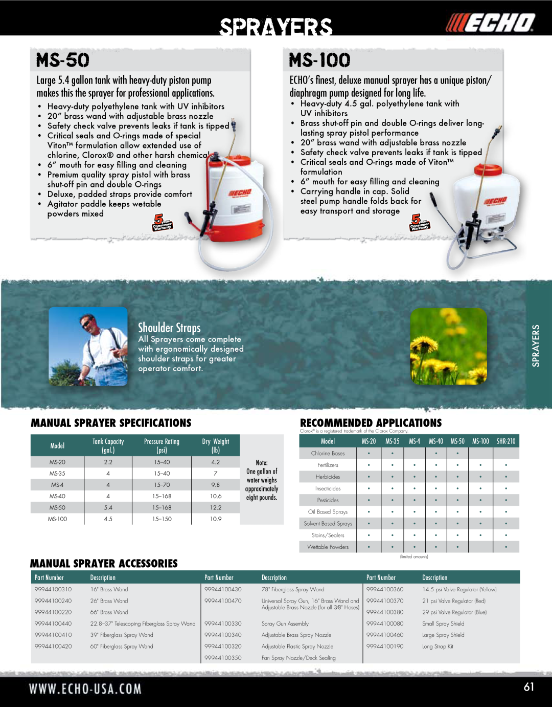 Echo HV-110XG manual MS-50, MS-100, Shoulder Straps, Manual Sprayer Specifications, Recommended Applications, Sprayers 