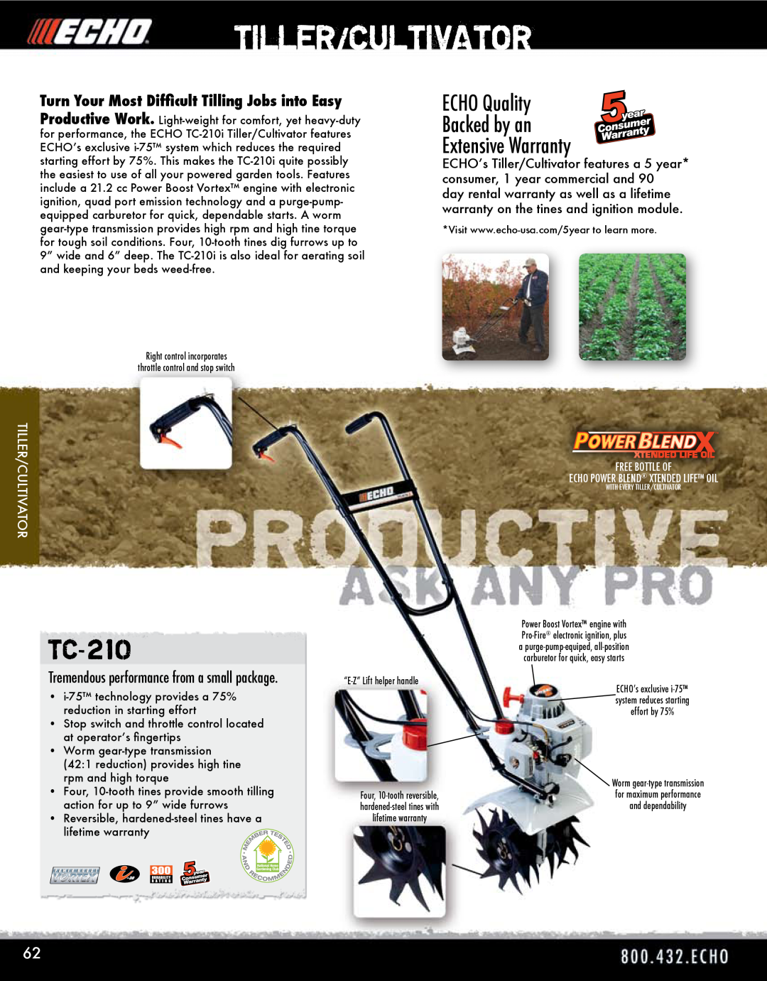 Echo HV-110XG manual Tiller/Cultivator, TC-210, Turn Your Most Difficult Tilling Jobs into Easy 