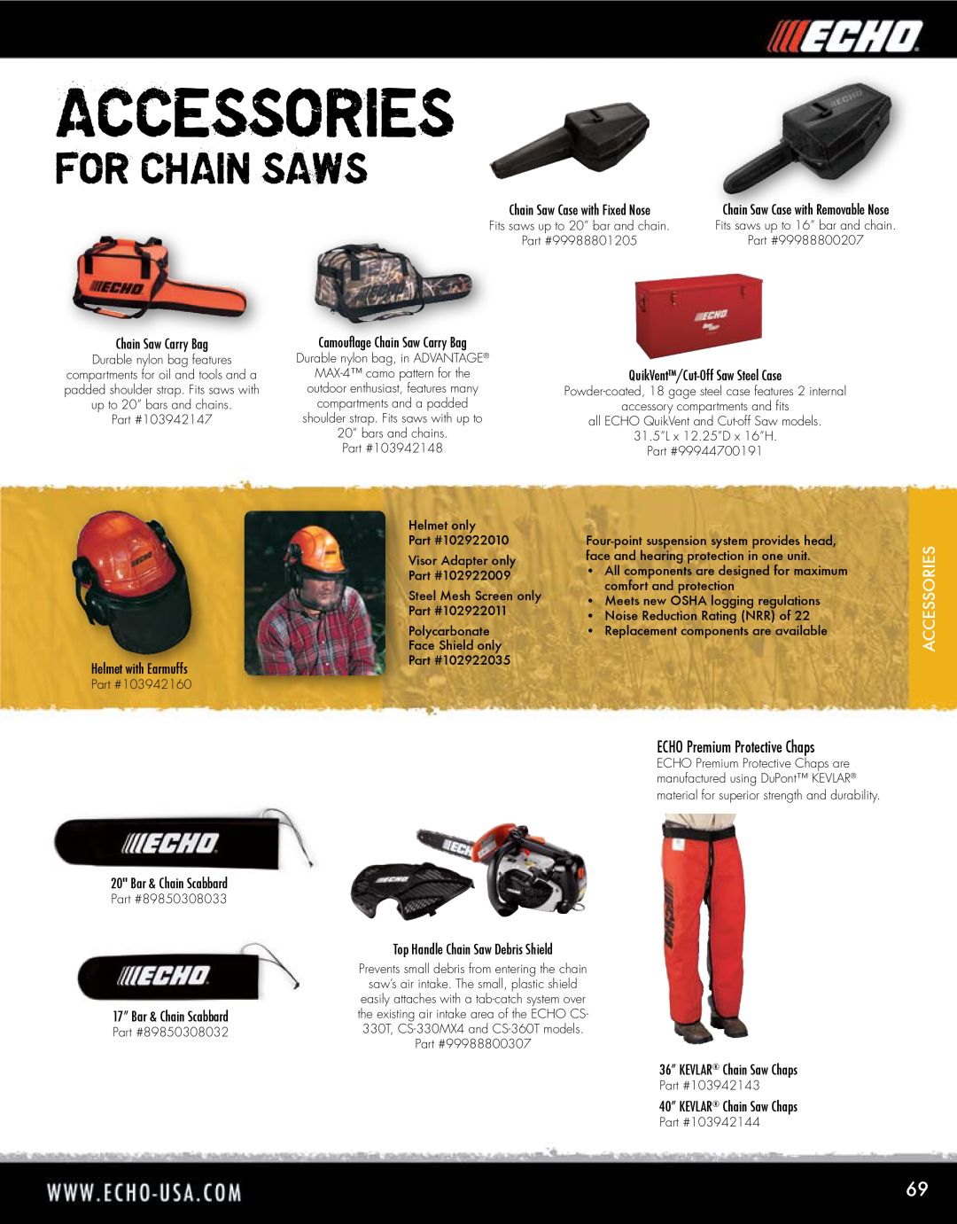 Echo HV-110XG manual Accessories, For Chain Saws, ECHO Premium Protective Chaps 