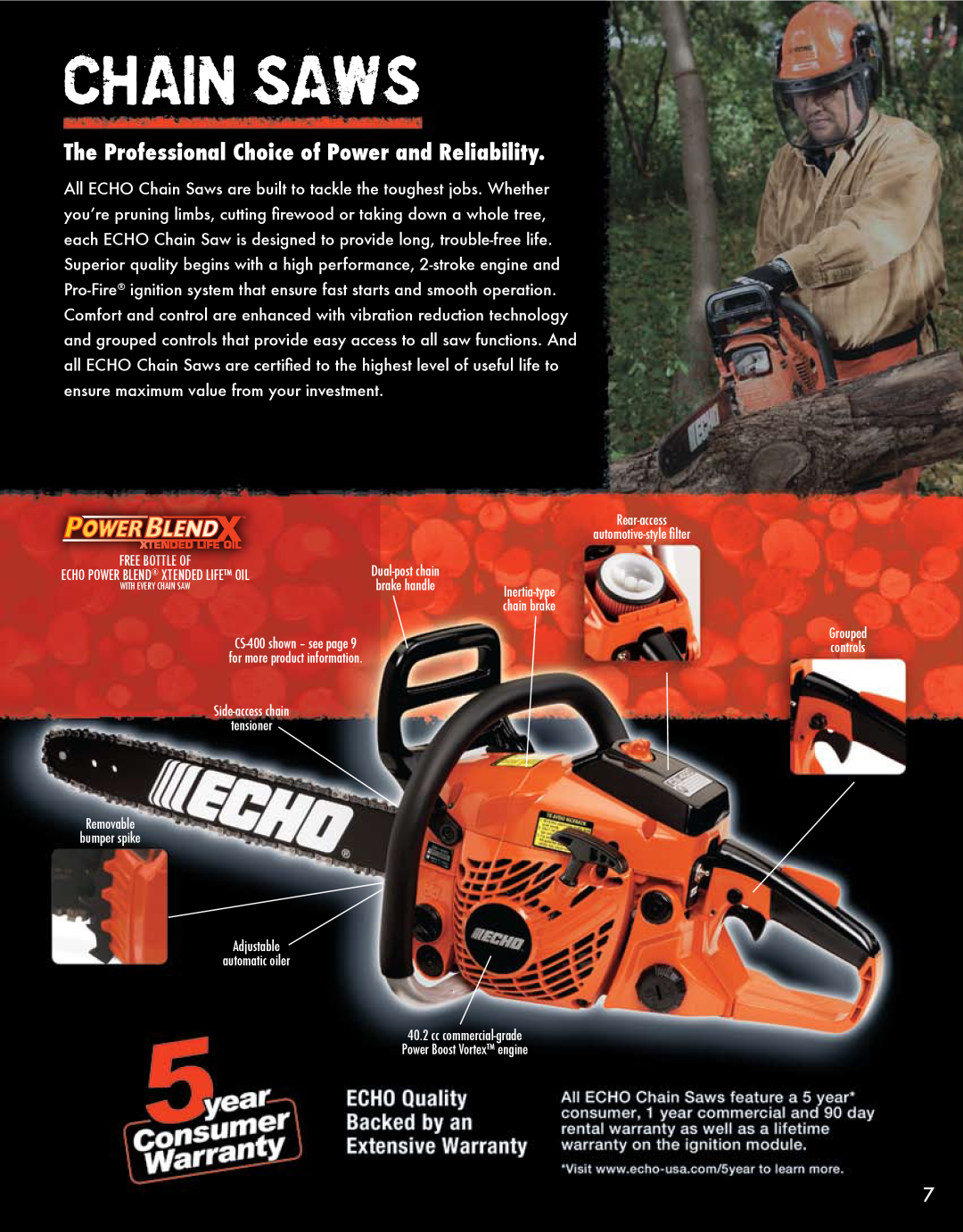 Echo HV-110XG manual Chain Saws, The Professional Choice of Power and Reliability 