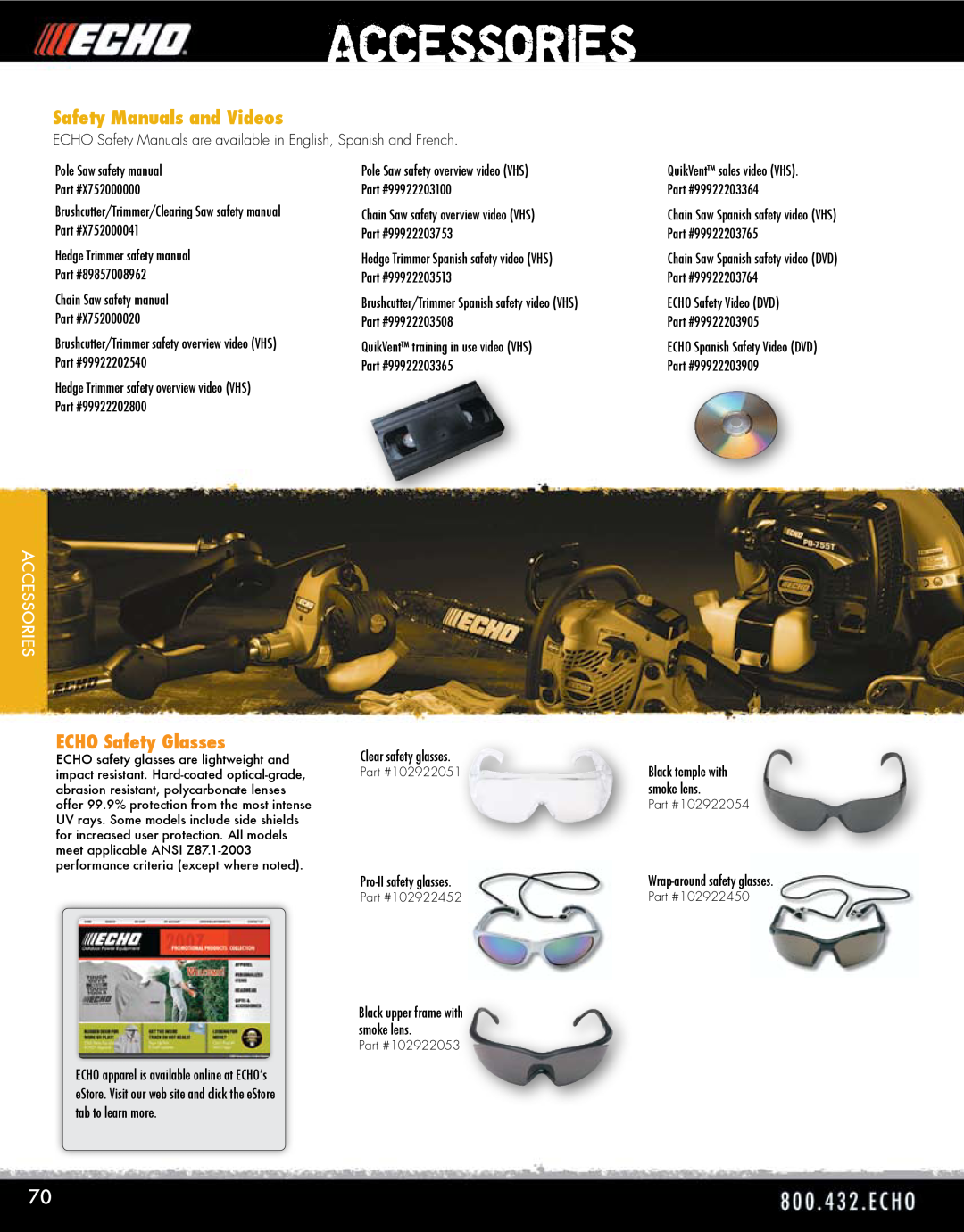 Echo HV-110XG manual Accessories, Safety Manuals and Videos, ECHO Safety Glasses 
