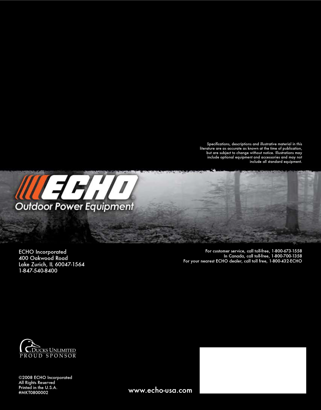 Echo HV-110XG manual ECHO Incorporated 400 Oakwood Road Lake Zurich, IL 60047-1564, ECHO Incorporated All Rights Reserved 