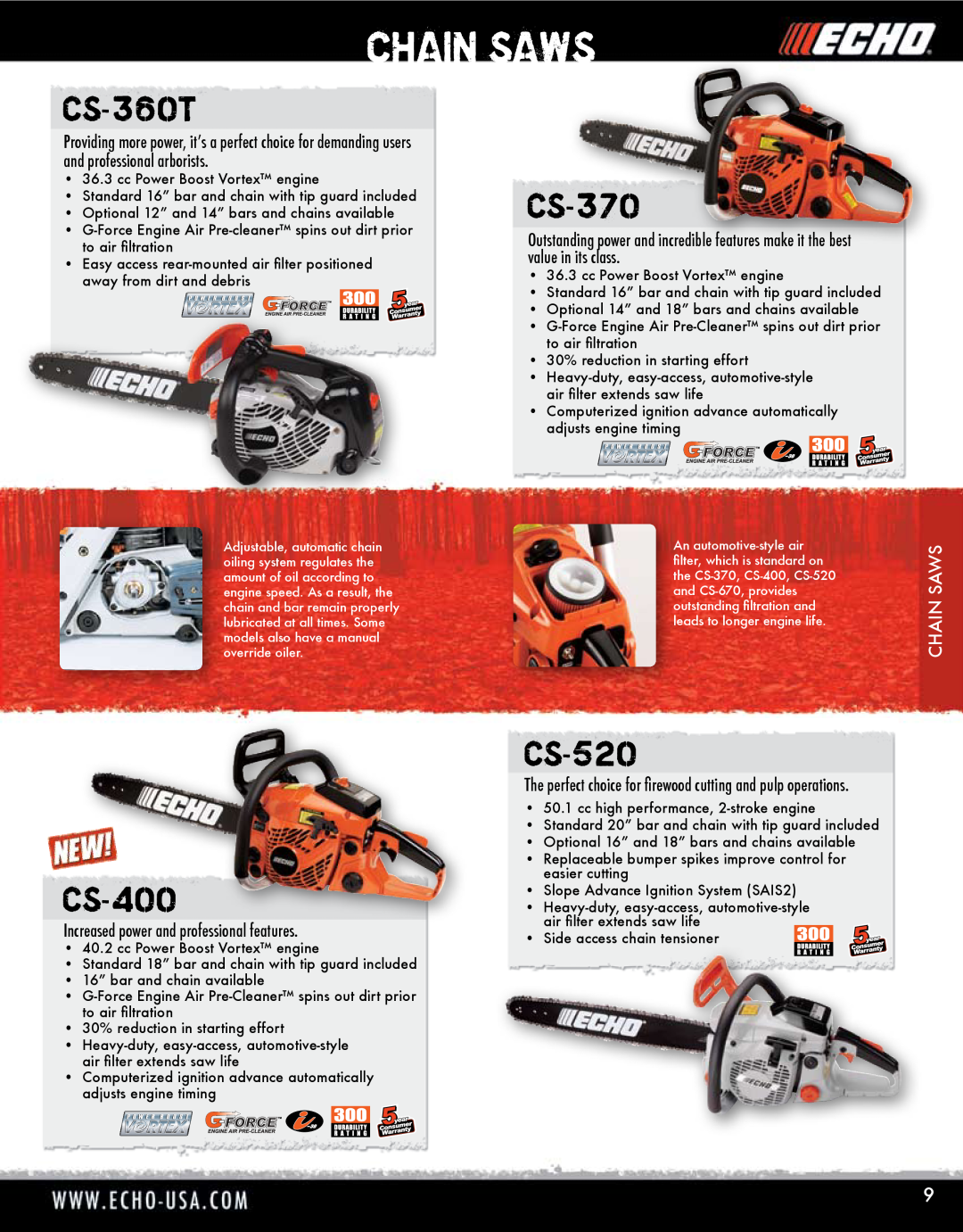 Echo HV-110XG manual CS-360T, CS-370, CS-400, CS-520, Chain Saws 
