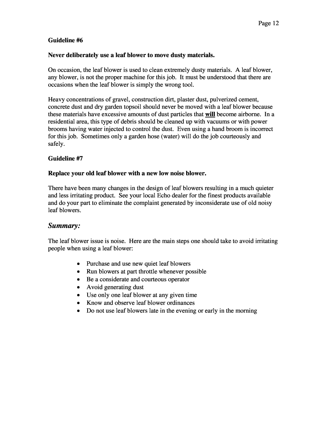 Echo LEAF BLOWER manual Summary, Guideline #6, Guideline #7 