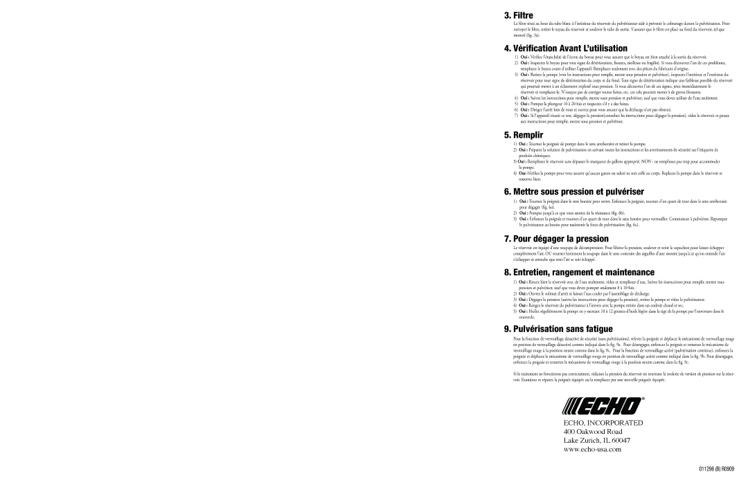 Echo MS-30H, MS-20H manual Filtre, Vérification Avant L’utilisation, Remplir, Mettre sous pression et pulvériser 