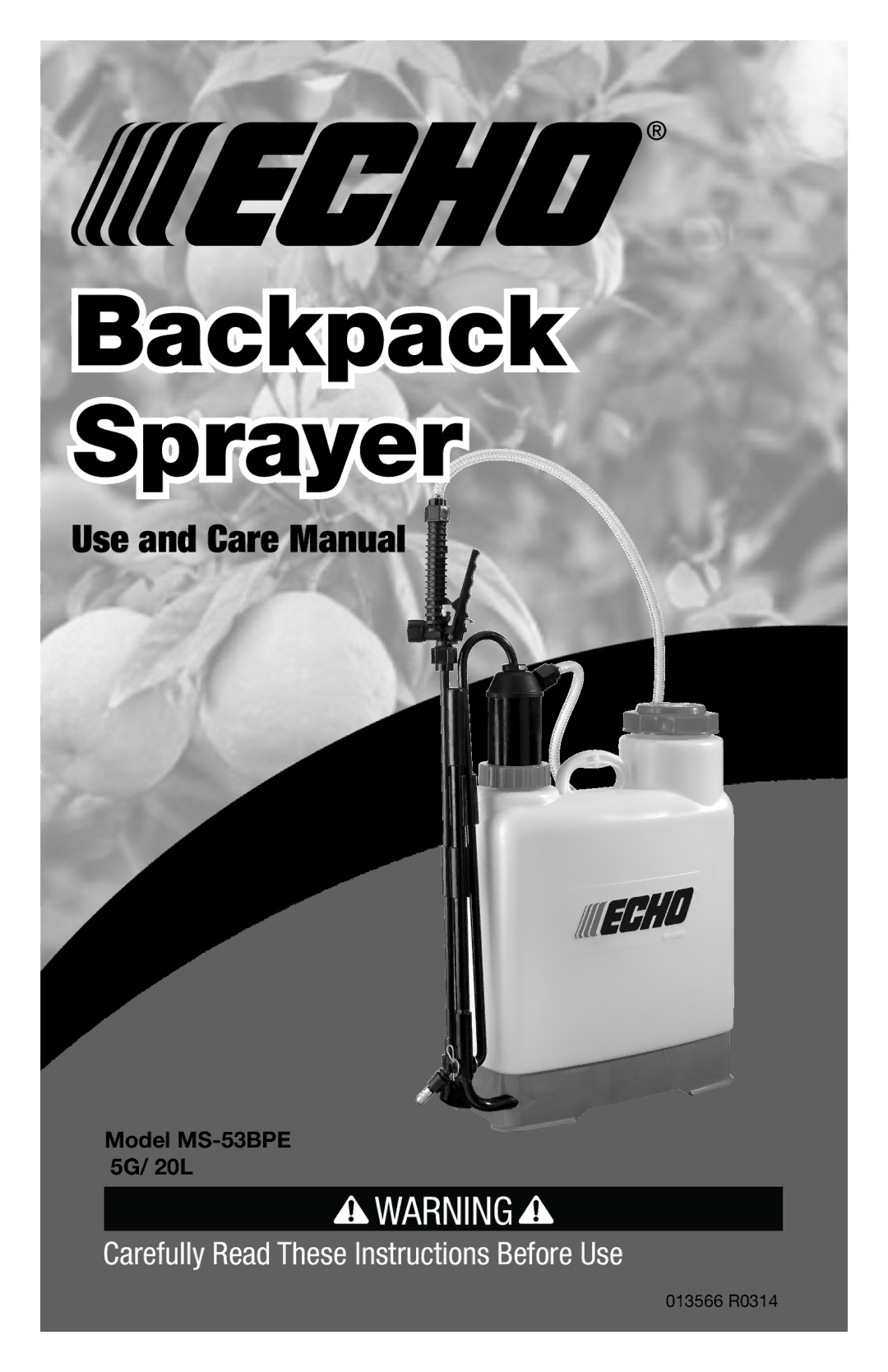 Echo MS-53BPE manual Backpack Sprayer 