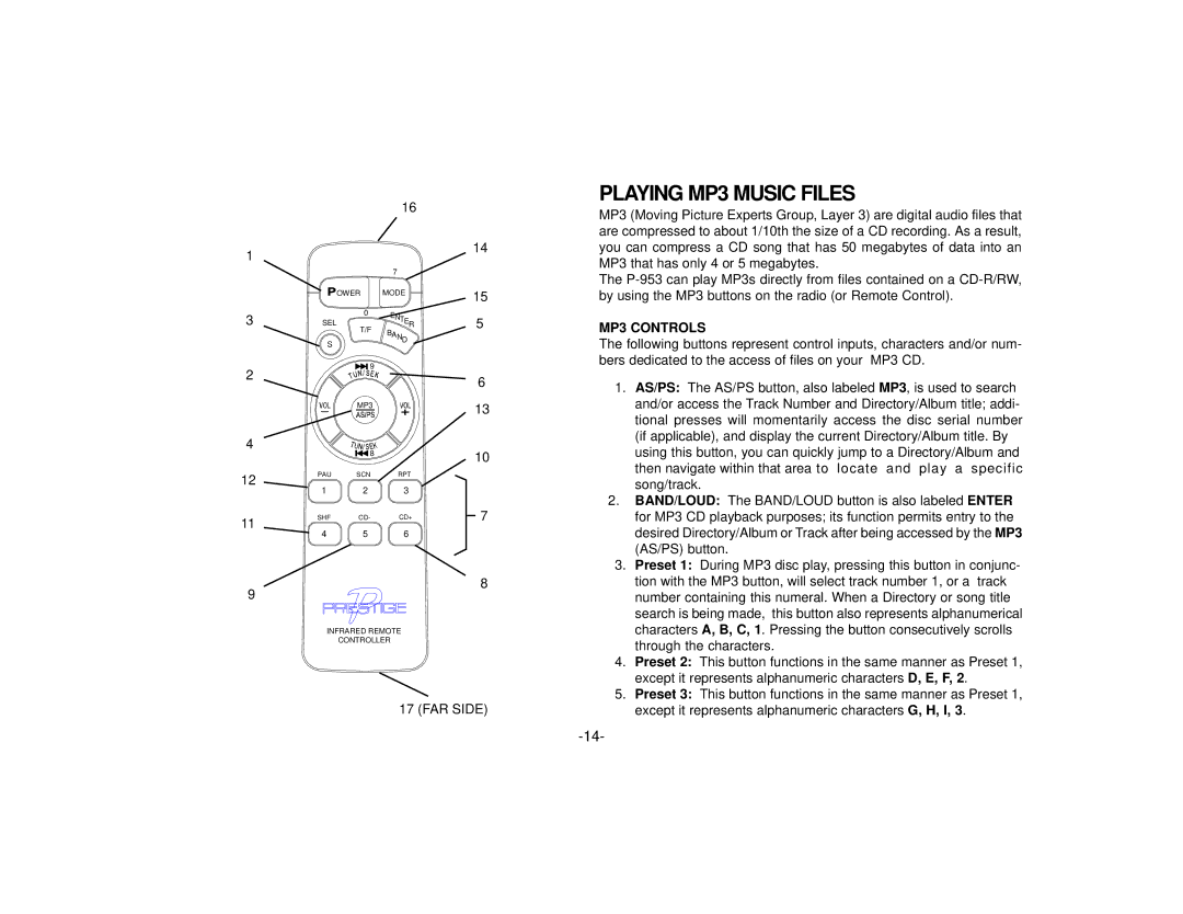 Echo P-953 manual Playing MP3 Music Files, MP3 Controls 