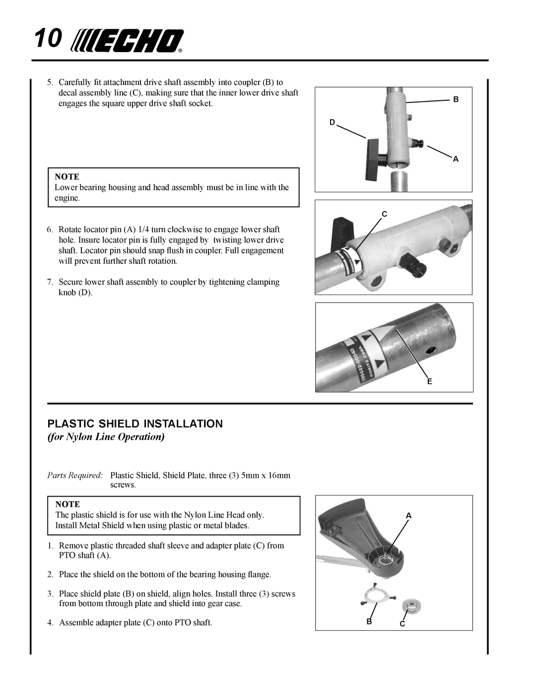 Echo PAS-225 manual Plastic shield installation, For Nylon Line Operation 