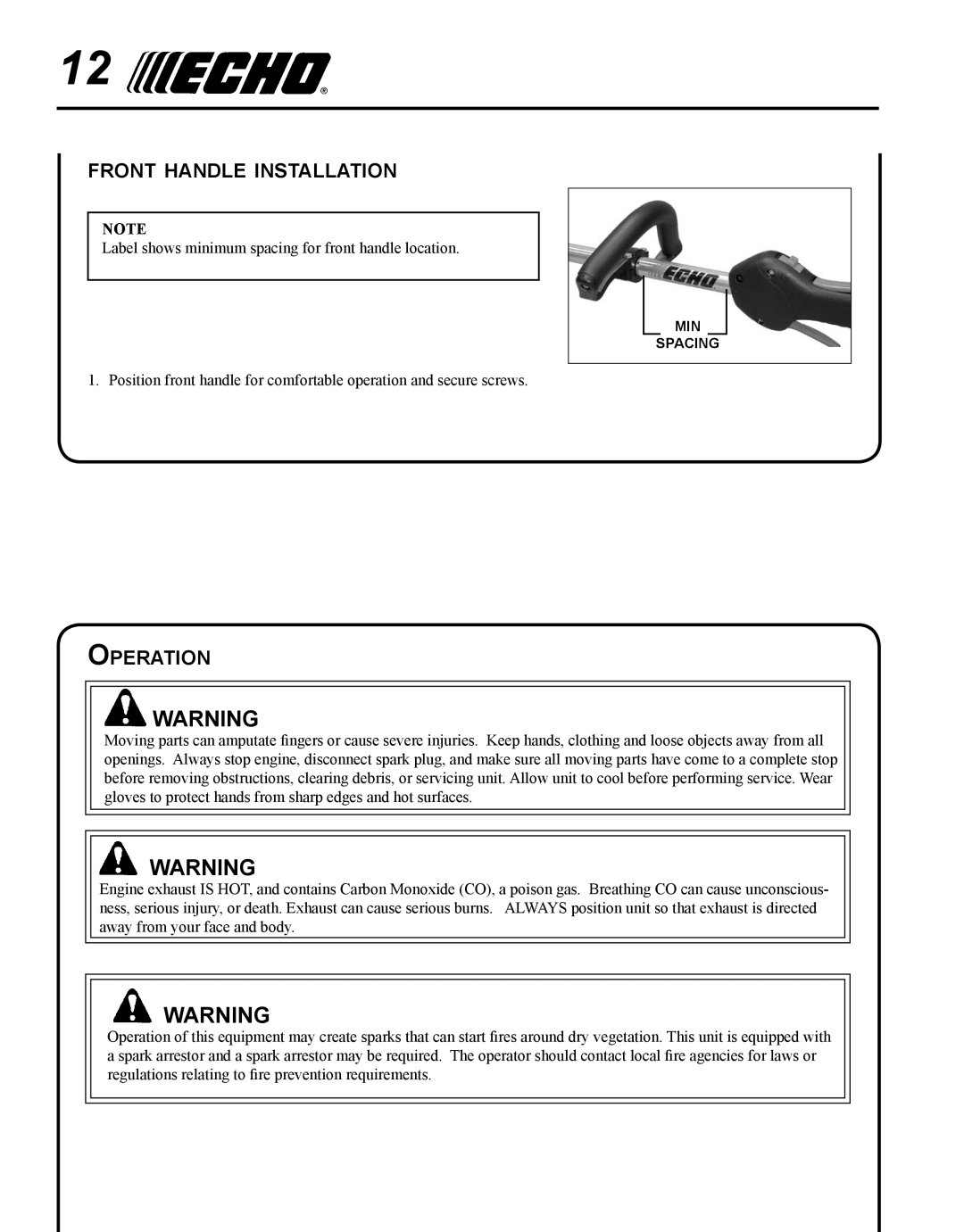 Echo PAS-225 manual Front handle installation, Operation 