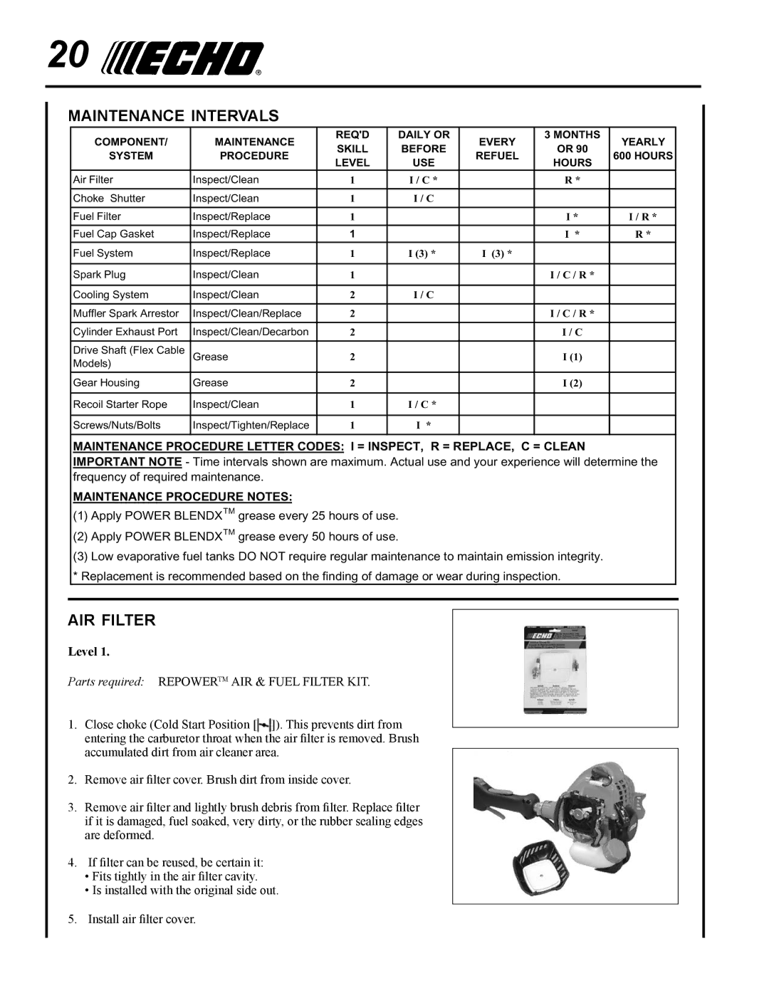 Echo PAS-225 manual Maintenance intervals, Air filter 