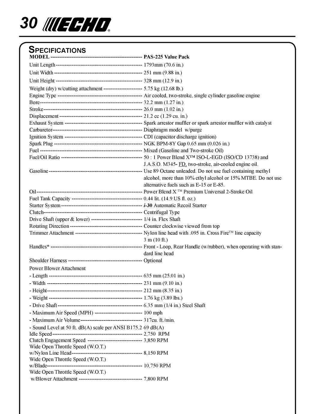 Echo manual Specifications, Model PAS-225 Value Pack 