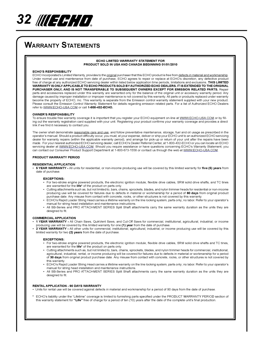 Echo PAS-225 manual Warranty Statements, Exceptions 