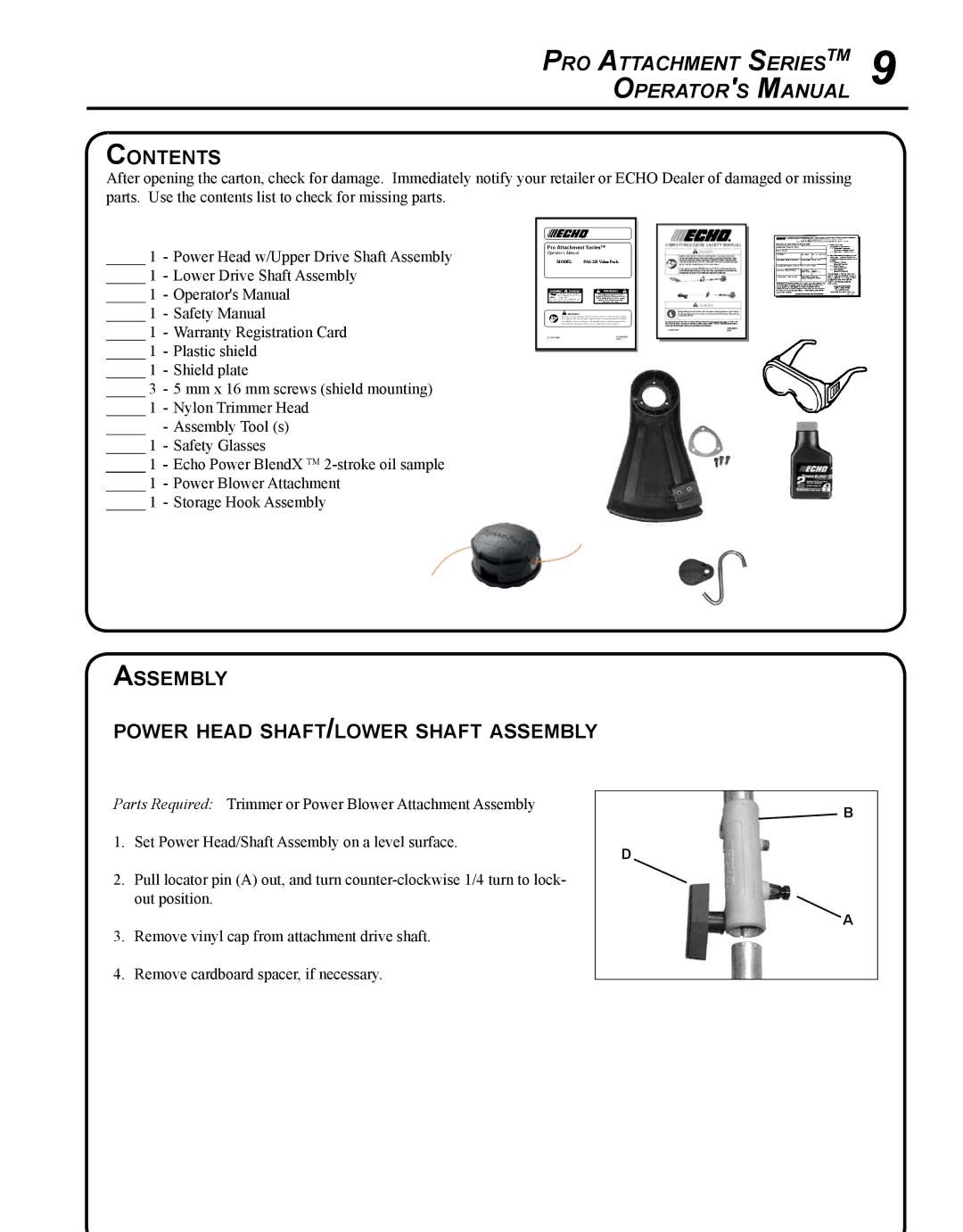 Echo PAS-225 manual Contents, Assembly Power head shaft/lower shaft assembly 