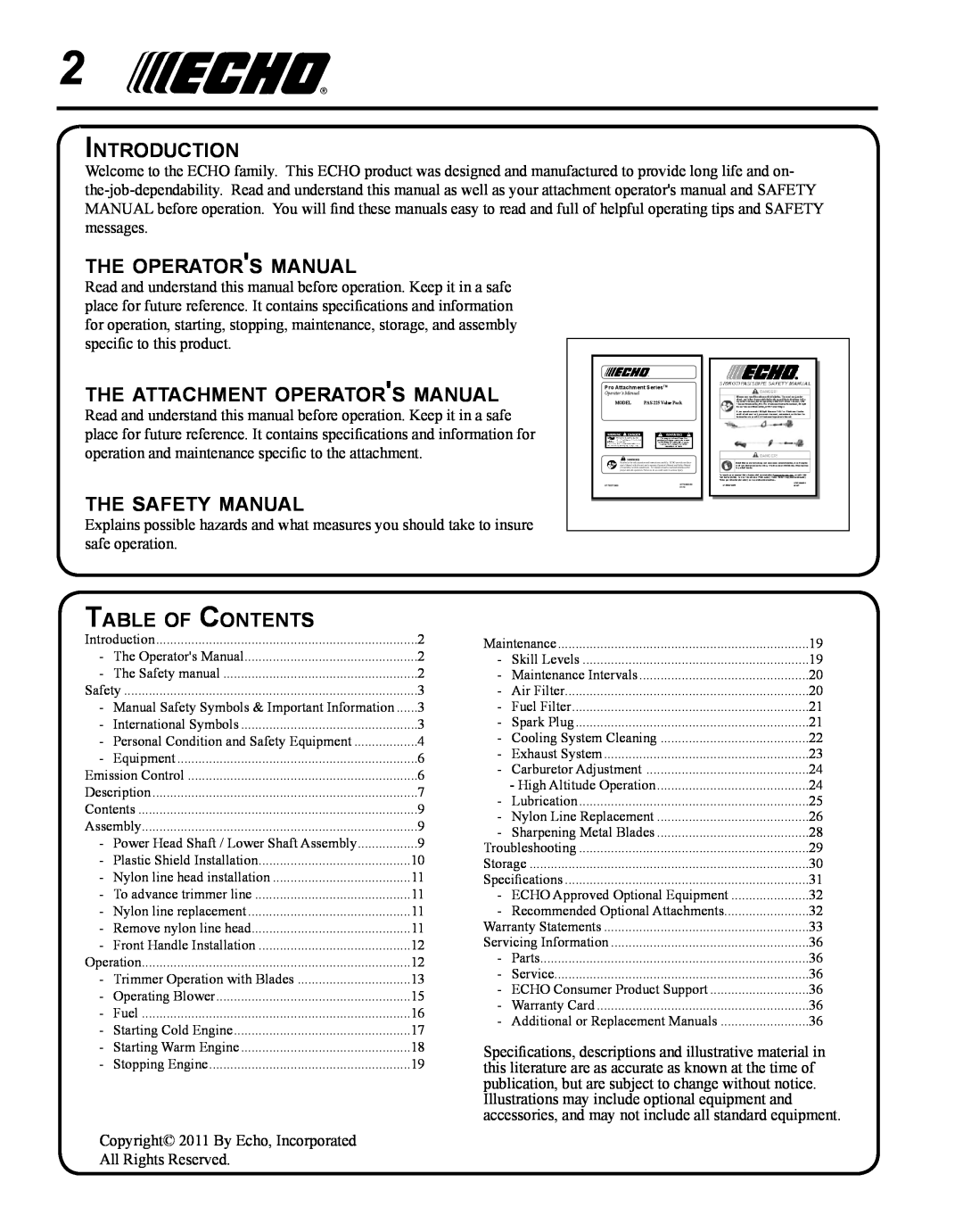 Echo PAS-225 Introduction, the operators manual, the attachment operators manual, the safety manual, Table of Contents 