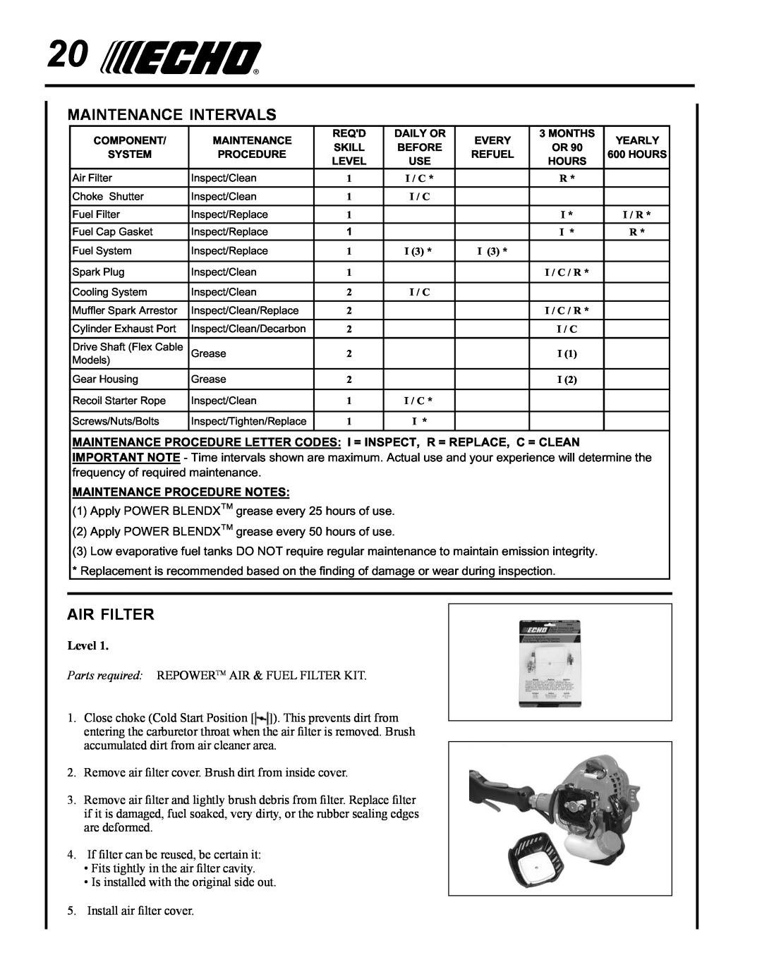 Echo PAS-225 manual maintenance intervals, air filter, Maintenance Procedure Notes, Level 