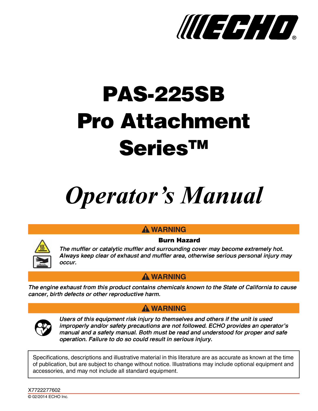 Echo PAS-225SB specifications Operator’s Manual, Burn Hazard 