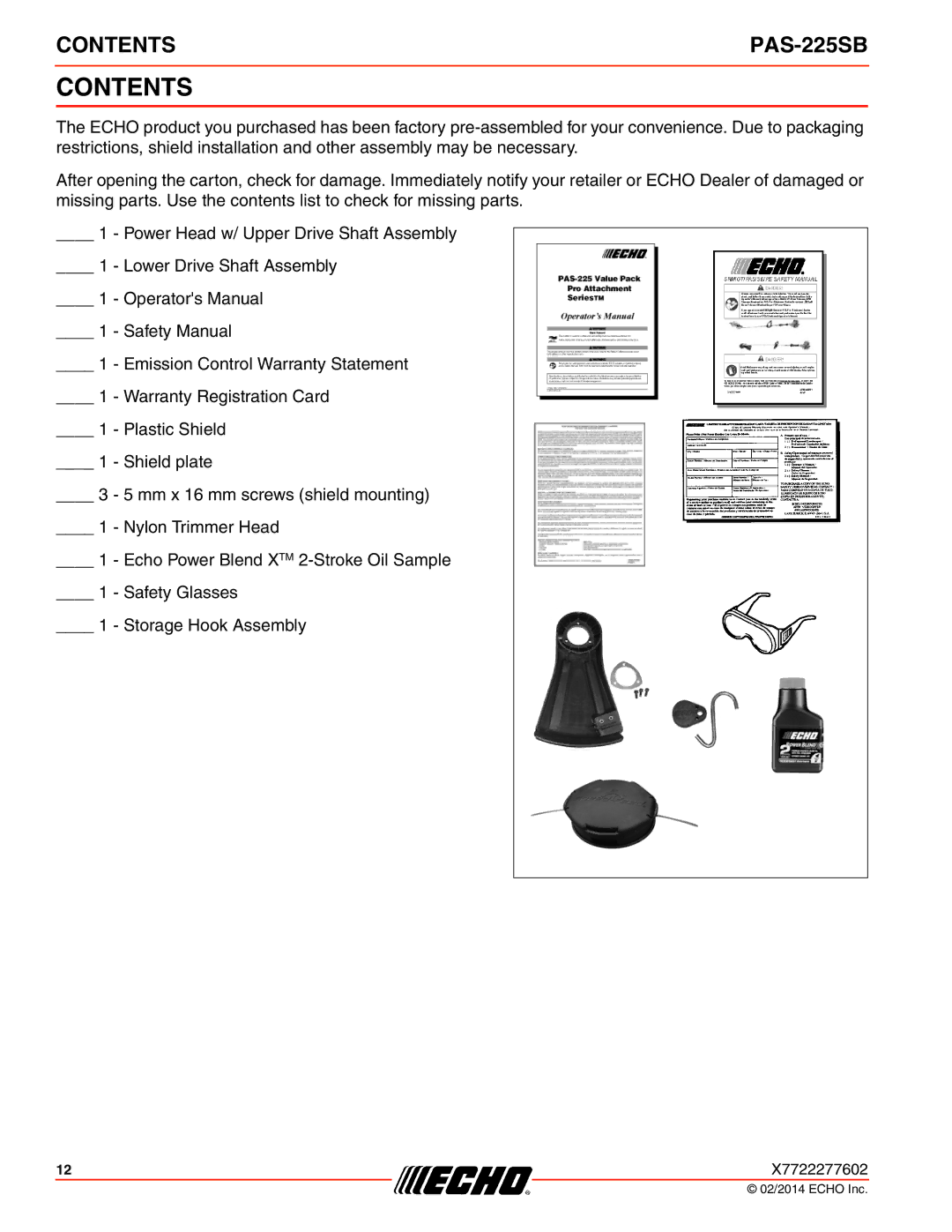 Echo PAS-225SB specifications Contents 