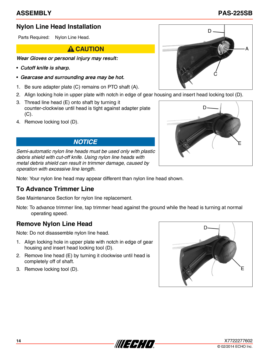 Echo PAS-225SB specifications Nylon Line Head Installation, To Advance Trimmer Line, Remove Nylon Line Head 