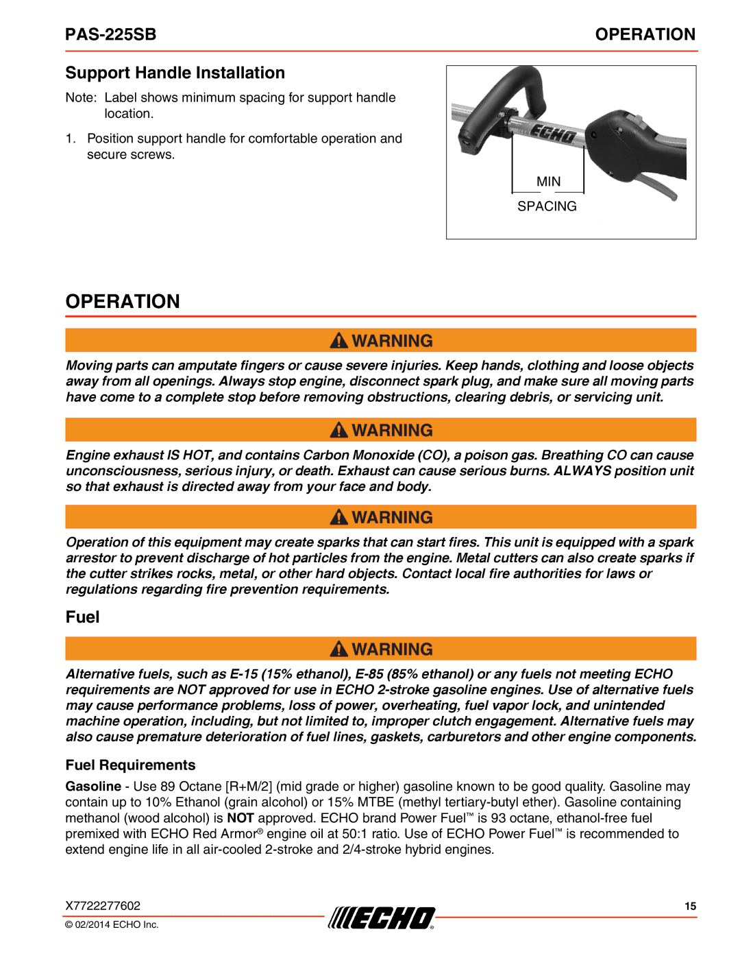 Echo PAS-225SB specifications Operation, Support Handle Installation, Fuel Requirements 