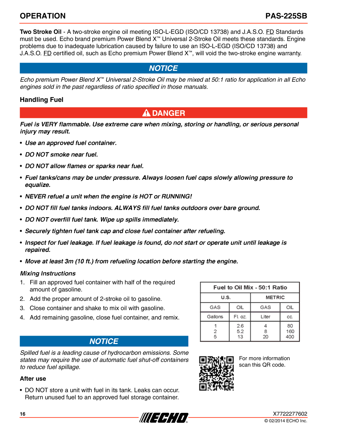 Echo PAS-225SB specifications Handling Fuel, After use 