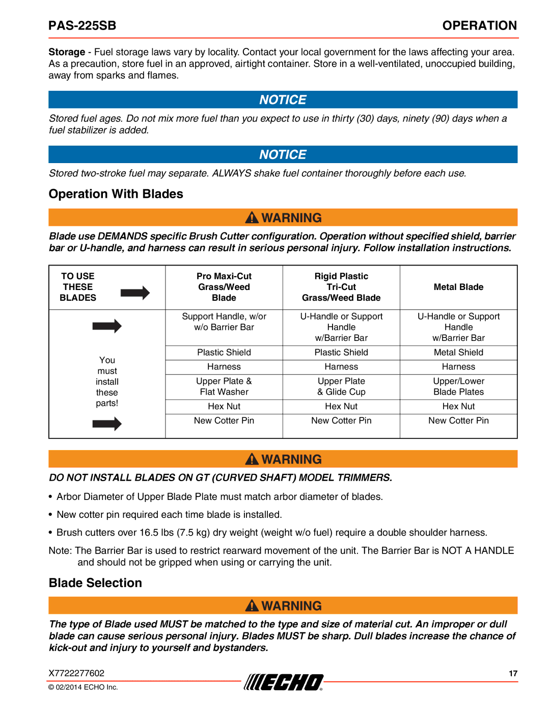 Echo PAS-225SB specifications Operation With Blades, Blade Selection 