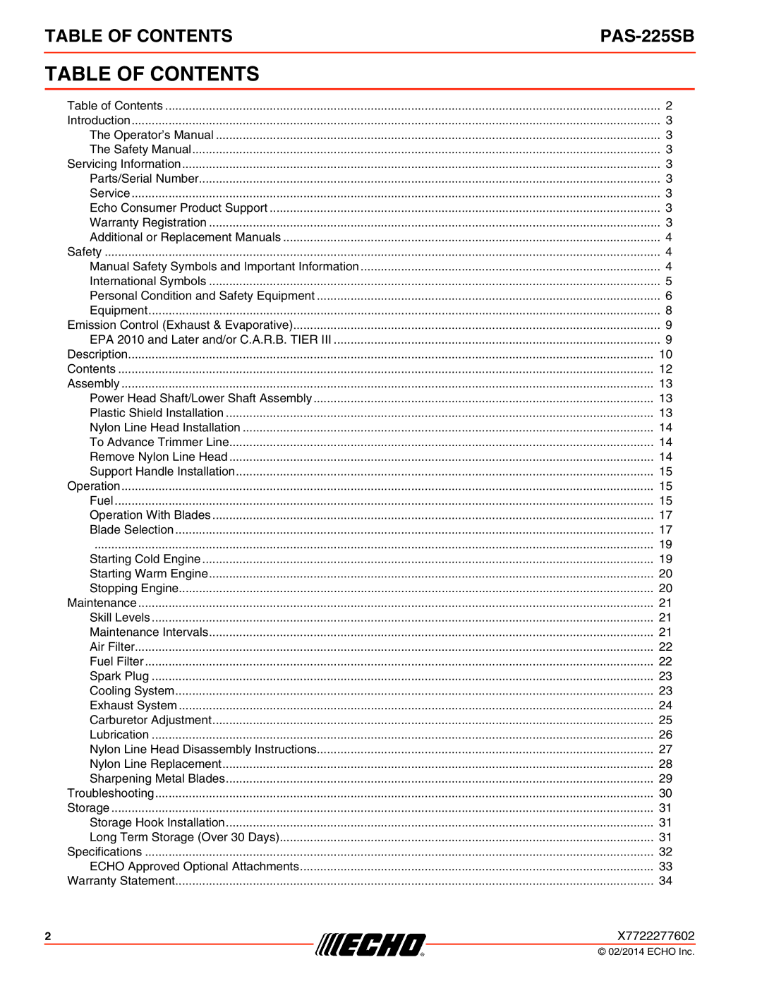 Echo PAS-225SB specifications Table of Contents 