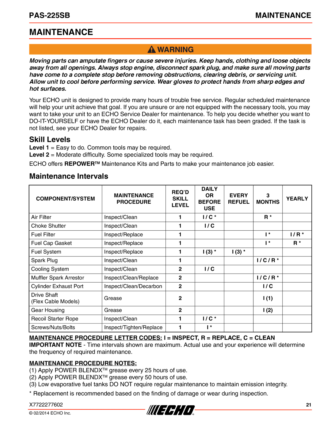 Echo PAS-225SB specifications Skill Levels, Maintenance Intervals 