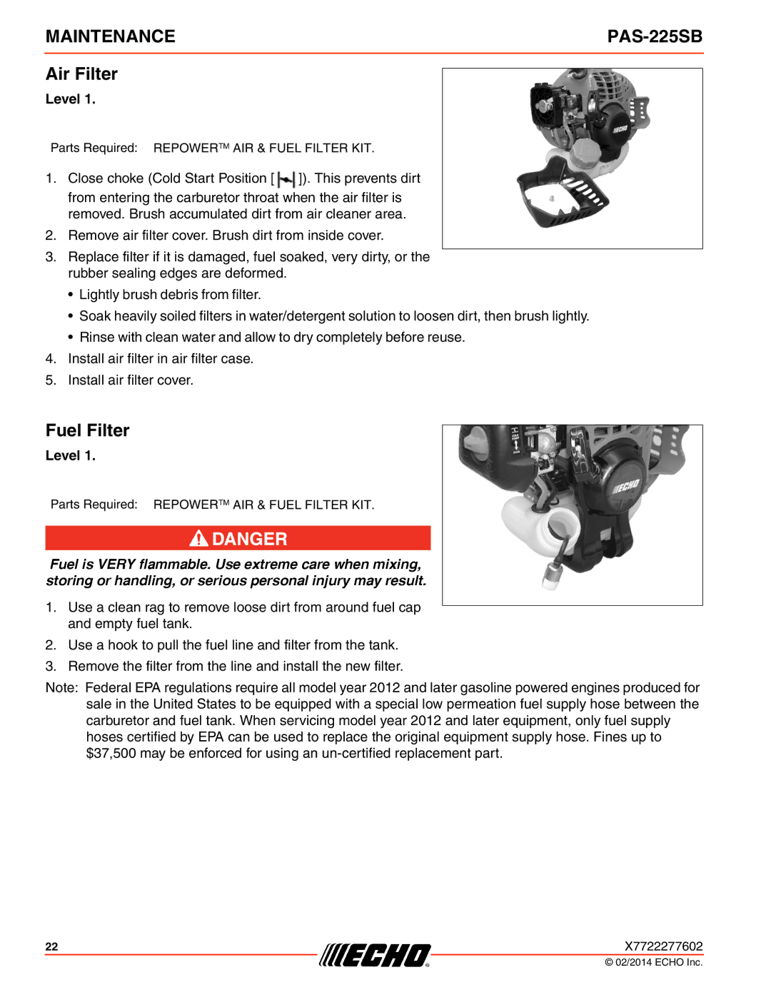 Echo PAS-225SB specifications Air Filter, Fuel Filter 