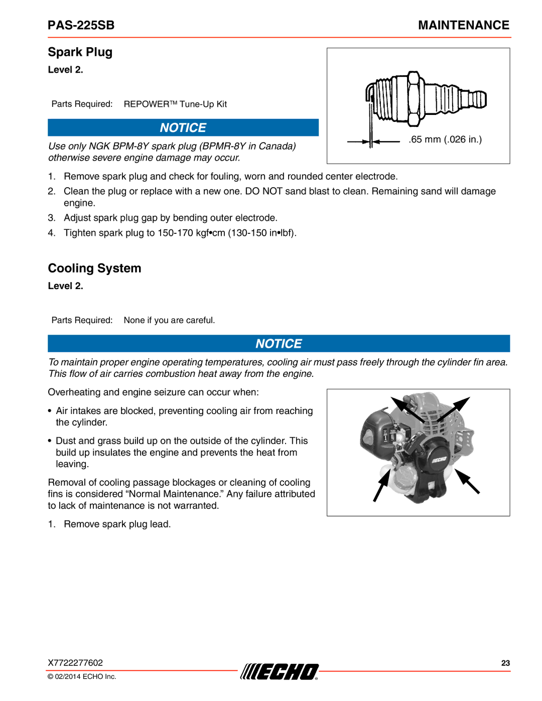 Echo PAS-225SB specifications Spark Plug, Cooling System 