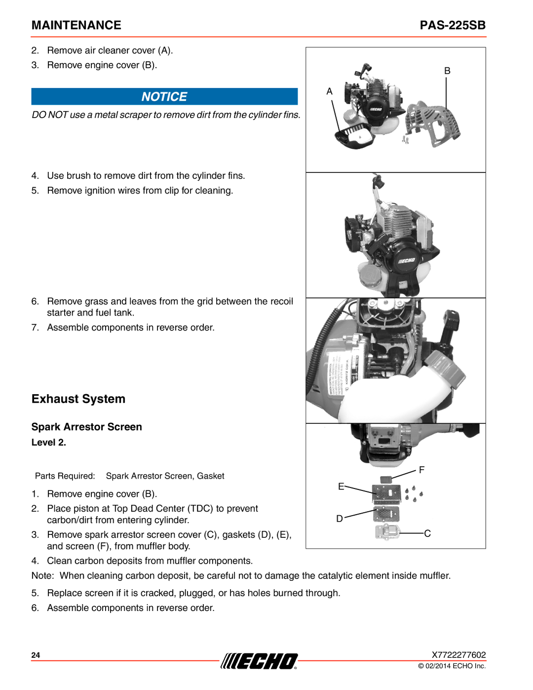 Echo PAS-225SB specifications Exhaust System, Spark Arrestor Screen 