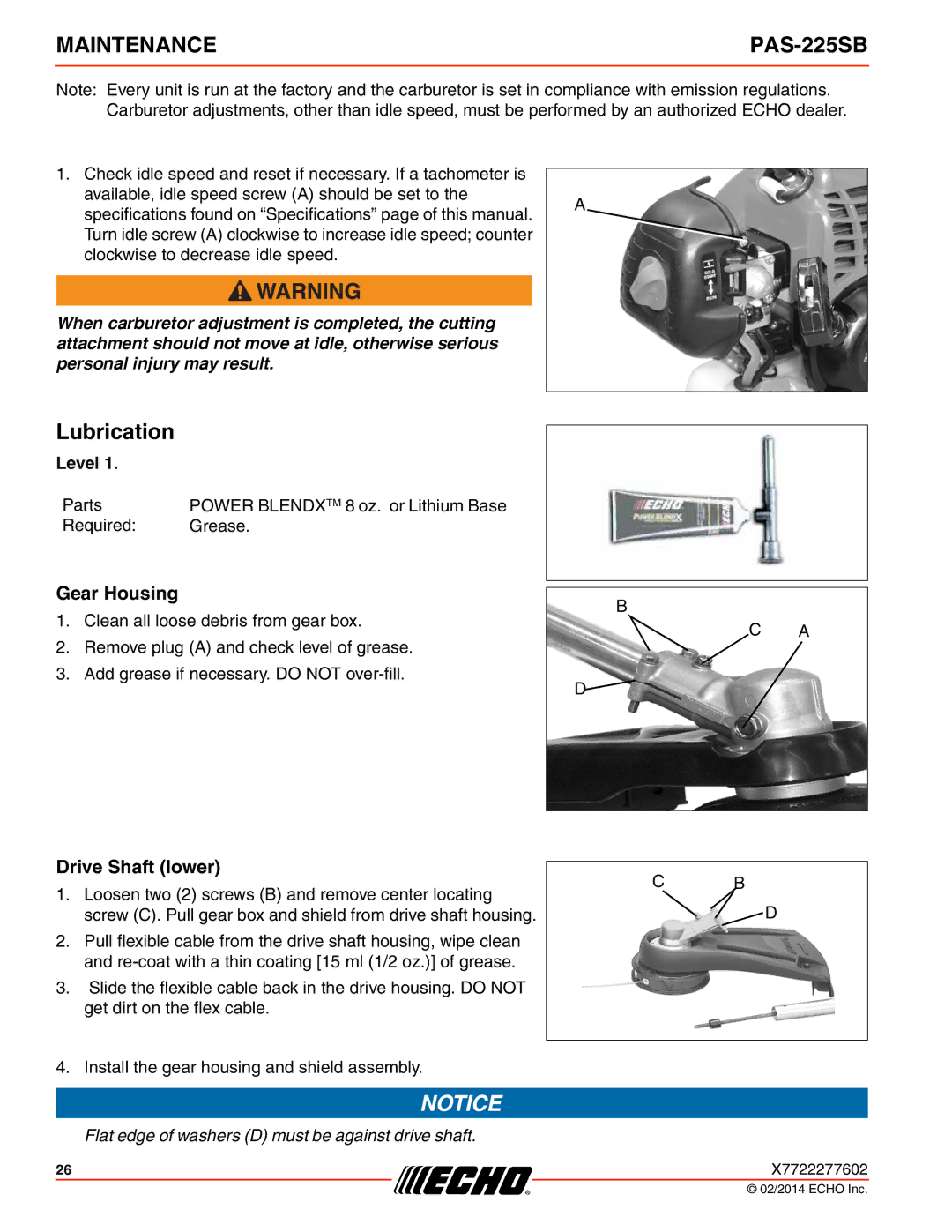 Echo PAS-225SB specifications Lubrication, Gear Housing, Drive Shaft lower 