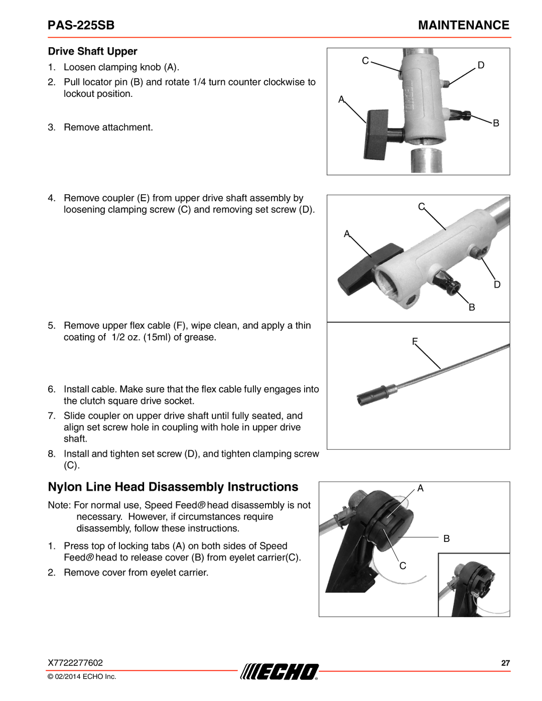 Echo PAS-225SB specifications Nylon Line Head Disassembly Instructions, Drive Shaft Upper 