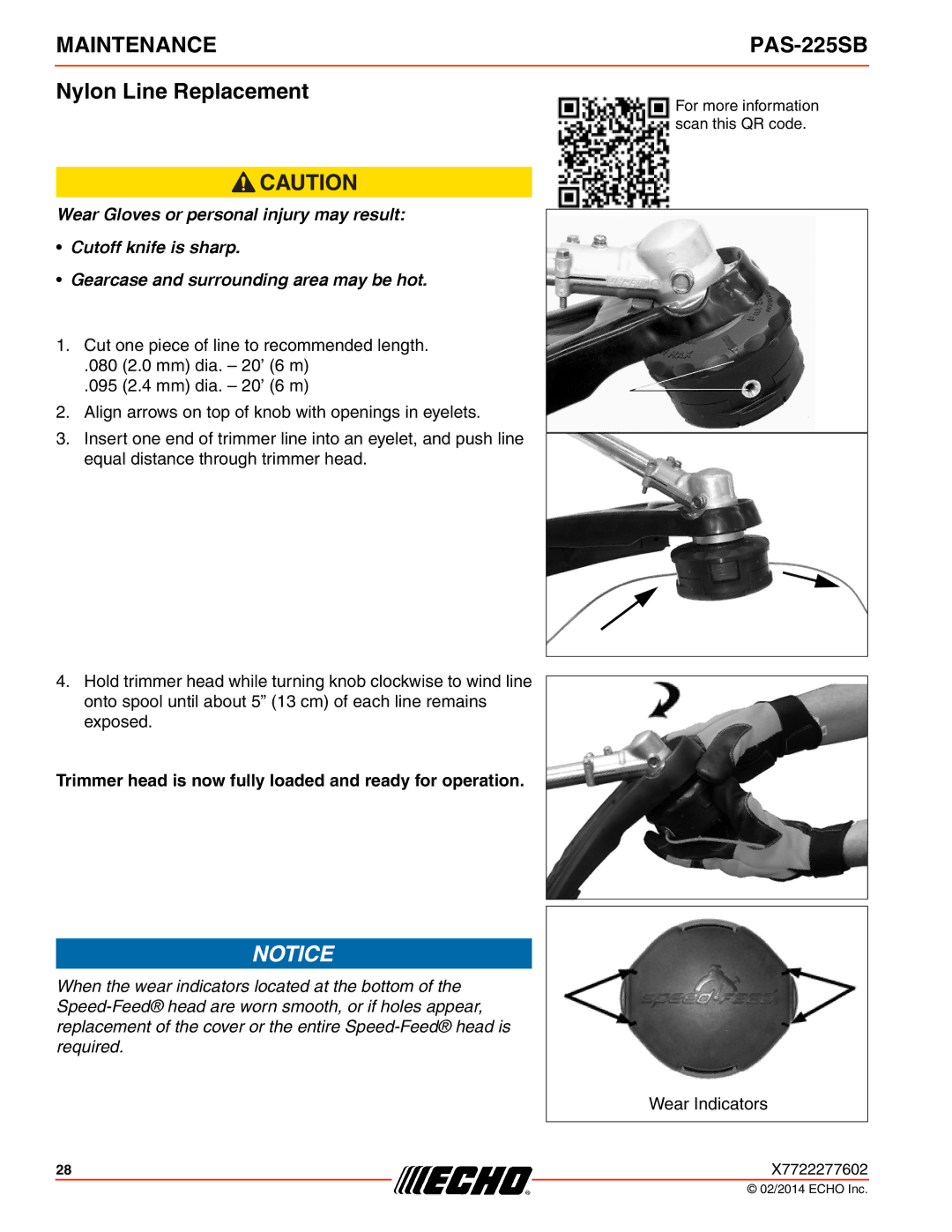 Echo PAS-225SB specifications Nylon Line Replacement, Trimmer head is now fully loaded and ready for operation 