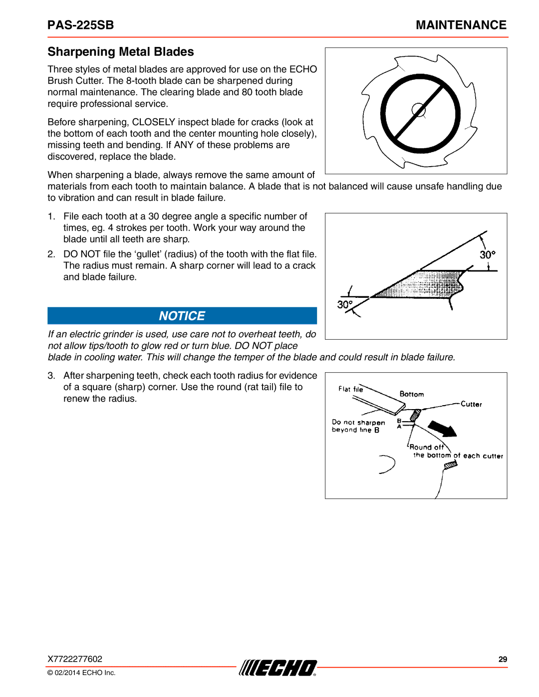 Echo PAS-225SB specifications Sharpening Metal Blades 