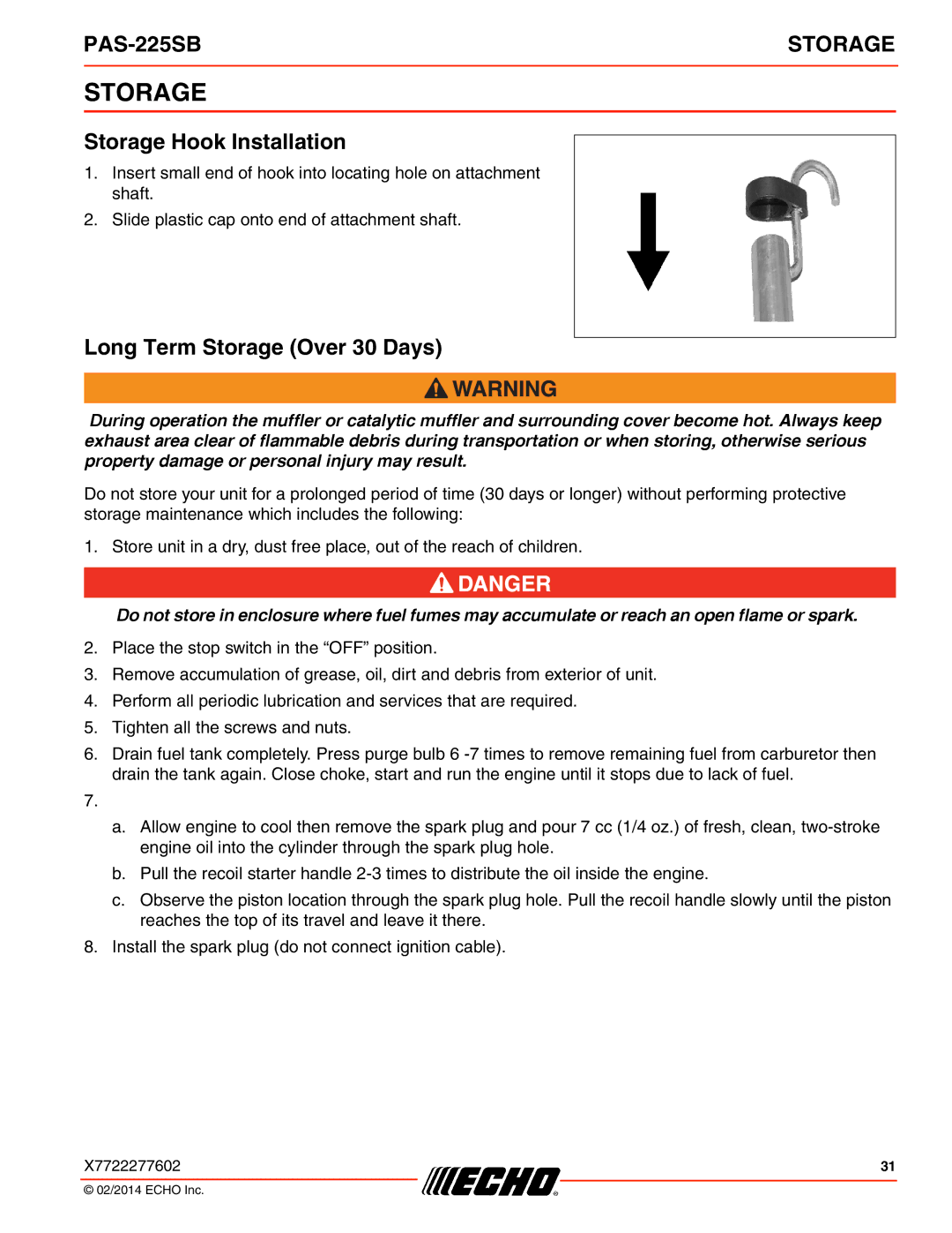 Echo PAS-225SB specifications Storage Hook Installation, Long Term Storage Over 30 Days 