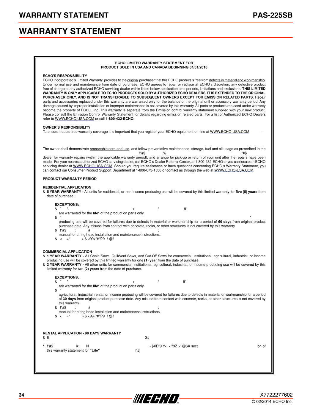 Echo PAS-225SB specifications Warranty Statement, OWNER’S Responsibility 