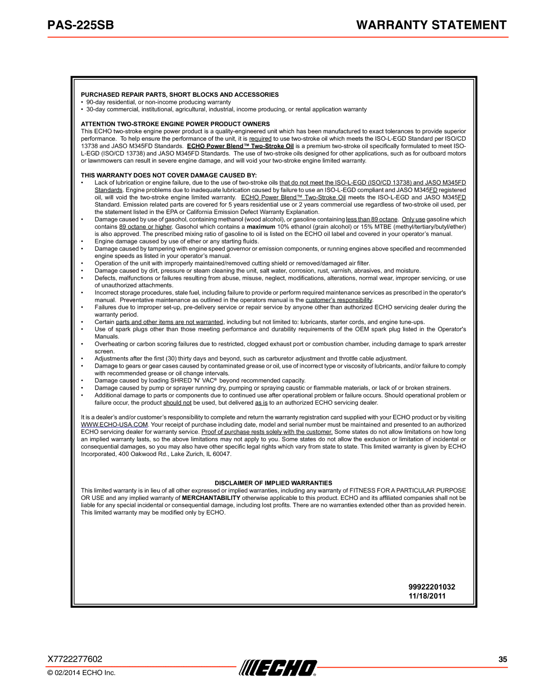 Echo PAS-225SB specifications Warranty Statement 