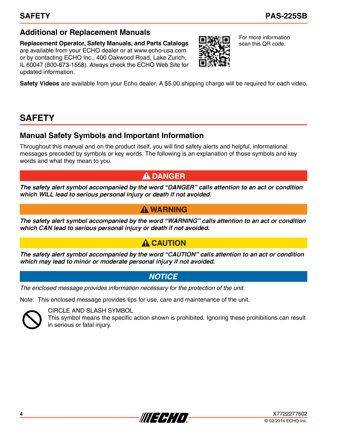 Echo PAS-225SB specifications Additional or Replacement Manuals, Manual Safety Symbols and Important Information 