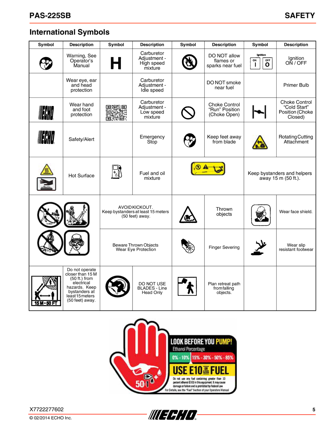 Echo PAS-225SB specifications International Symbols 