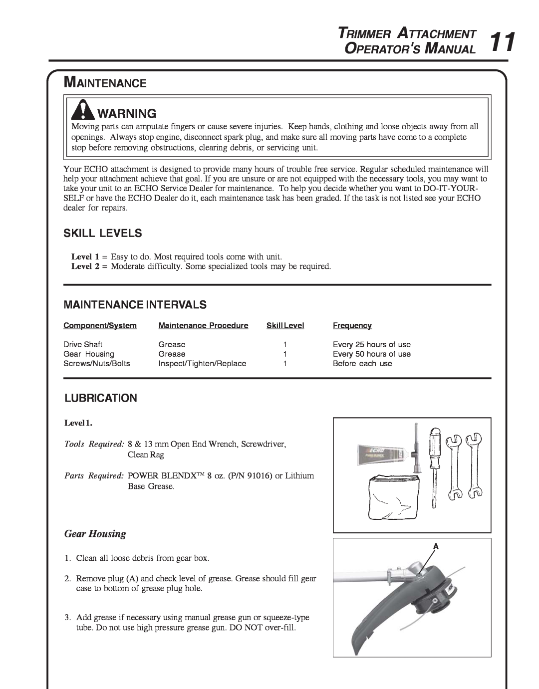 Echo SRM-2400SB Skill Levels, Maintenance Intervals, Lubrication, Gear Housing, Trimmer Attachment Operators Manual 